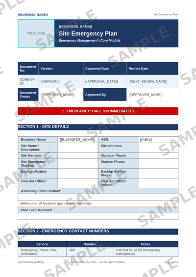 Site Emergency Plan sample page preview