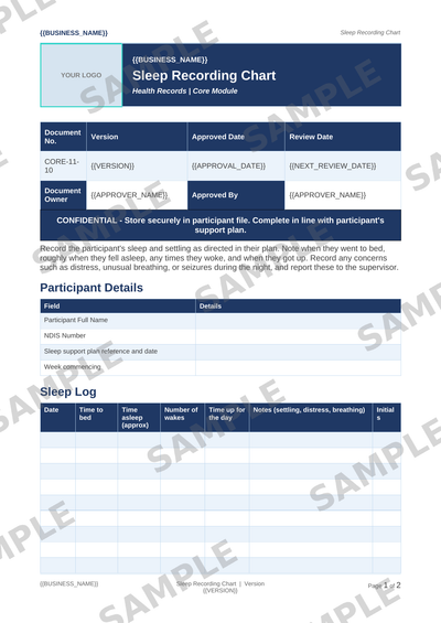 Sleep Recording Chart sample page preview