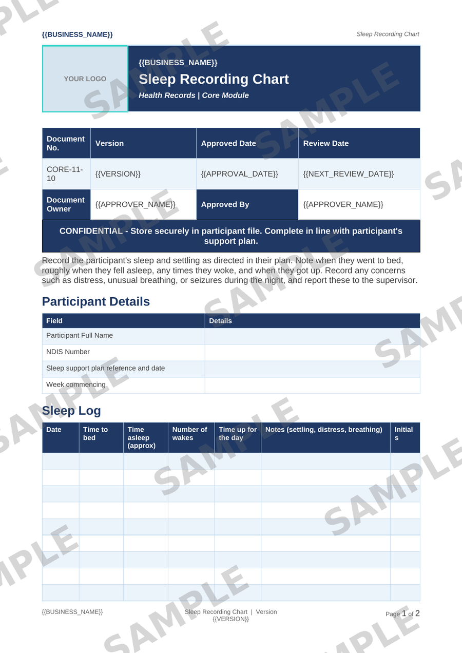 Sleep Recording Chart sample page preview