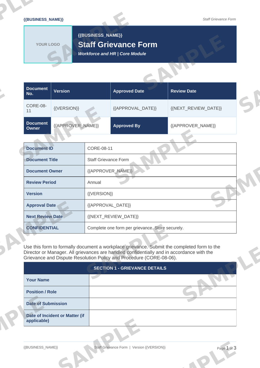 Staff Grievance Form sample page preview