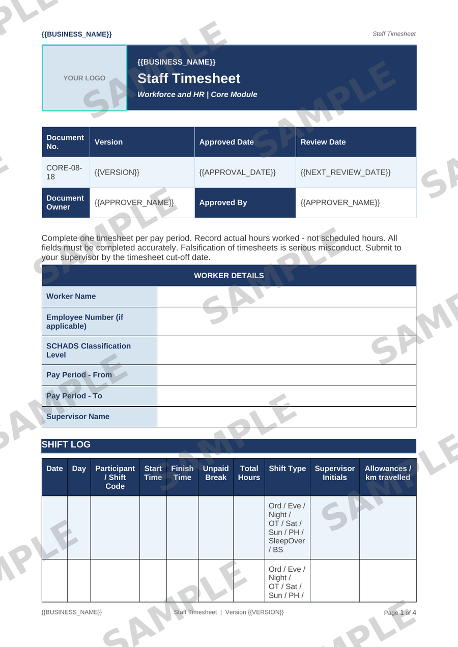 Staff Timesheet sample page preview