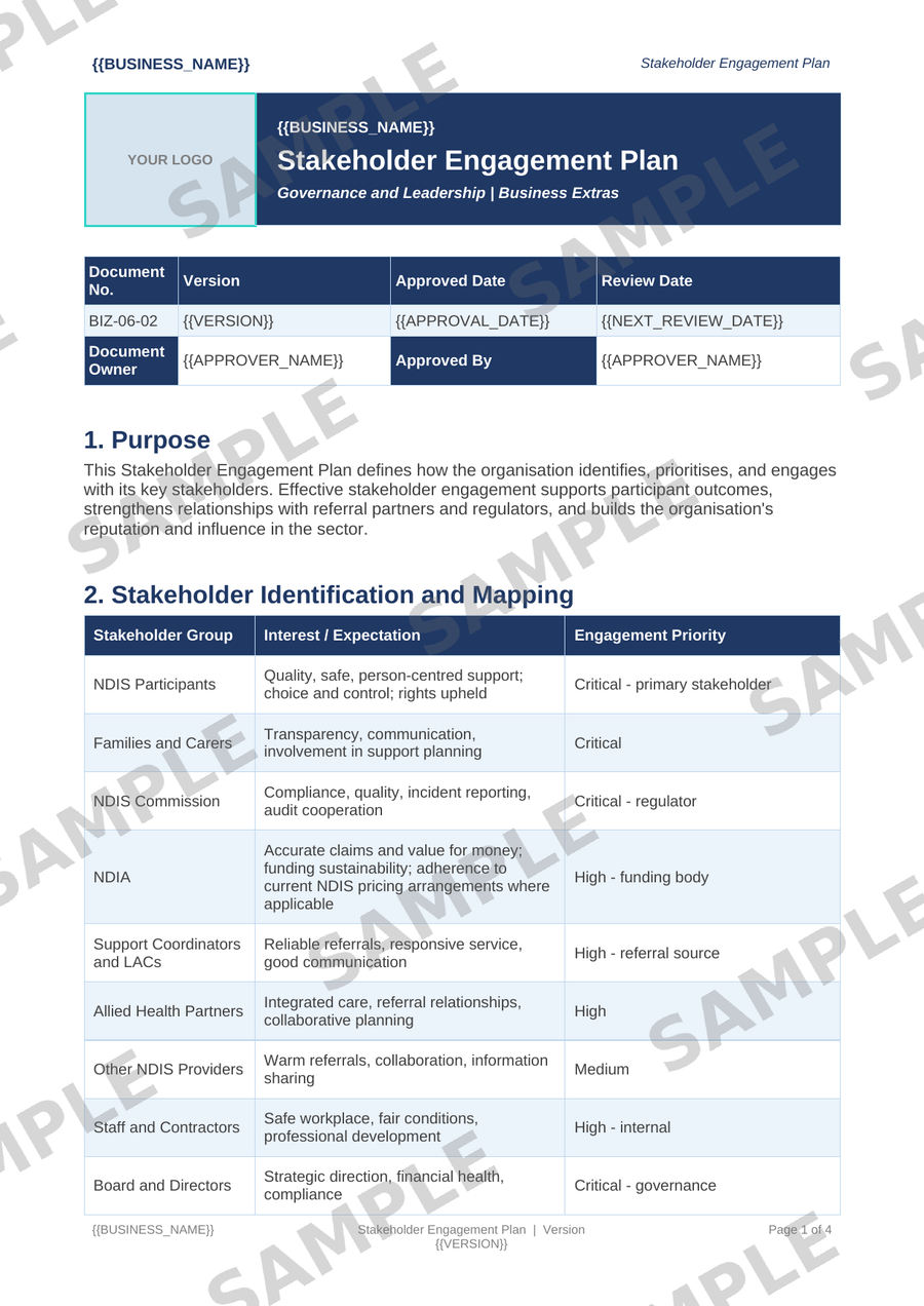 Stakeholder Engagement Plan sample page preview