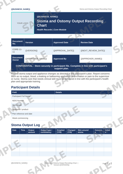 Stoma and Ostomy Output Recording Chart sample page preview