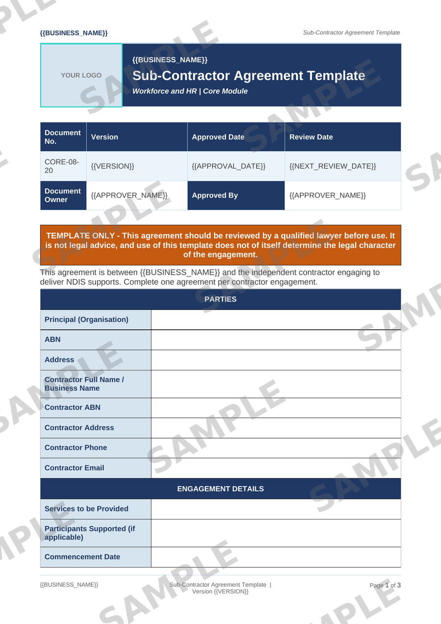 Sub-Contractor Agreement Template sample page preview