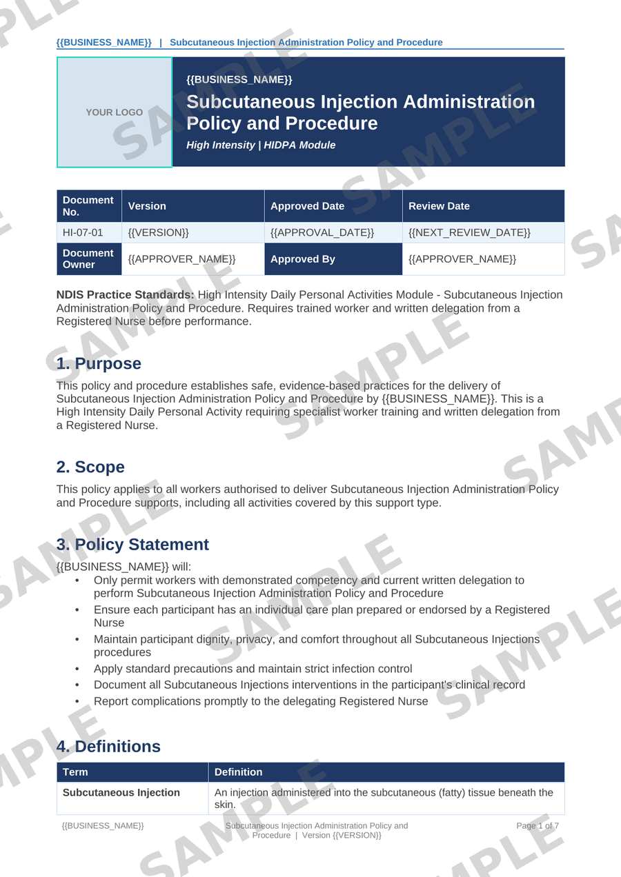 Subcutaneous Injection Administration Policy and Procedure sample page preview