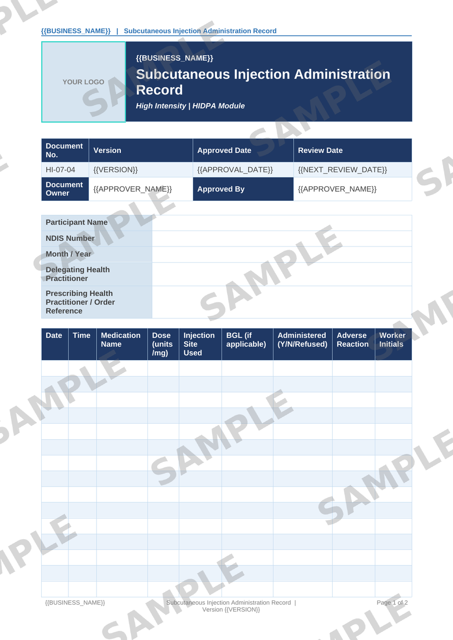 Subcutaneous Injection Administration Record sample page preview
