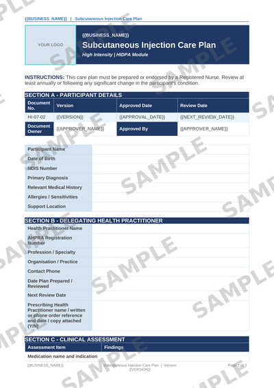 Subcutaneous Injection Care Plan sample page preview