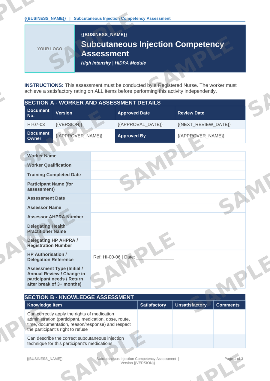 Subcutaneous Injection Competency Assessment sample page preview