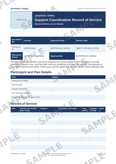 Support Coordination Record of Service sample page preview