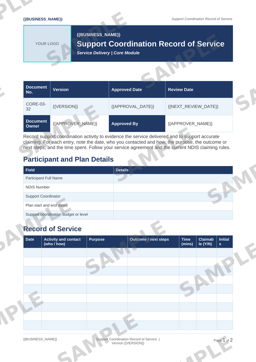 Support Coordination Record of Service sample page preview