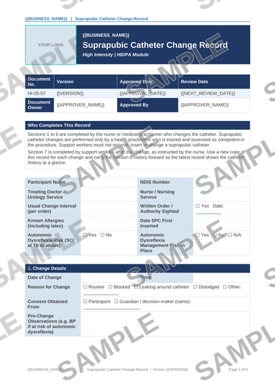 Suprapubic Catheter Change Record sample page preview