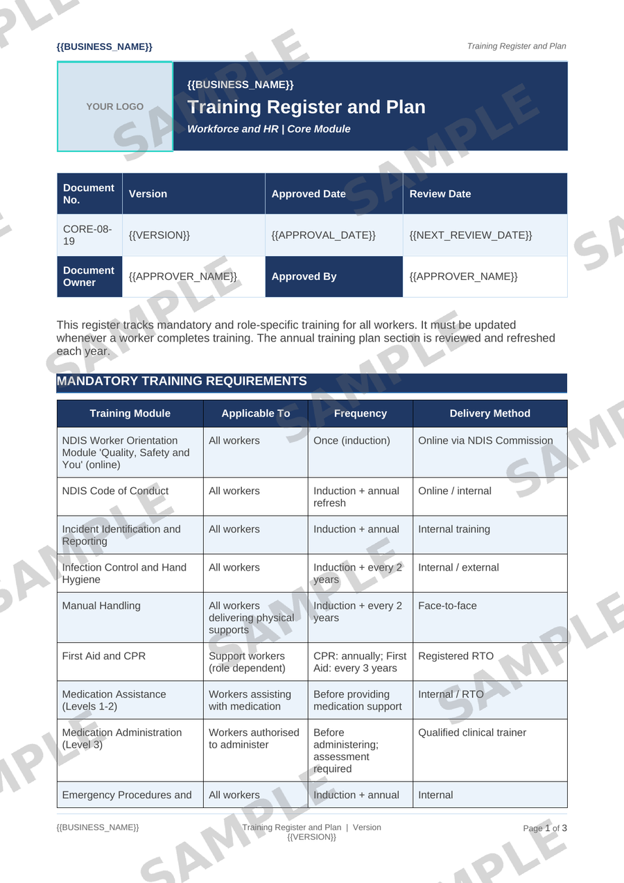 Training Register and Plan sample page preview