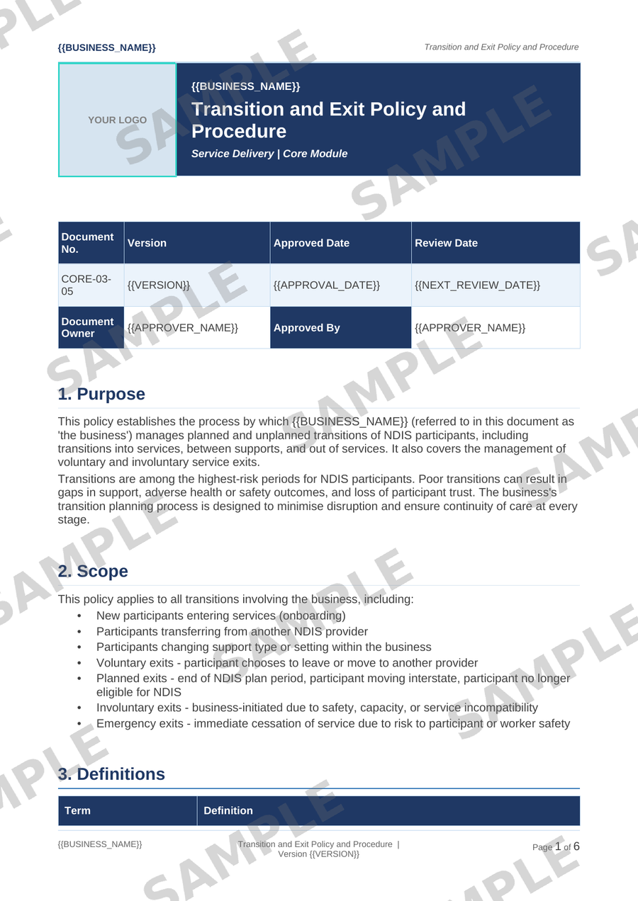 Transition and Exit Policy and Procedure sample page preview