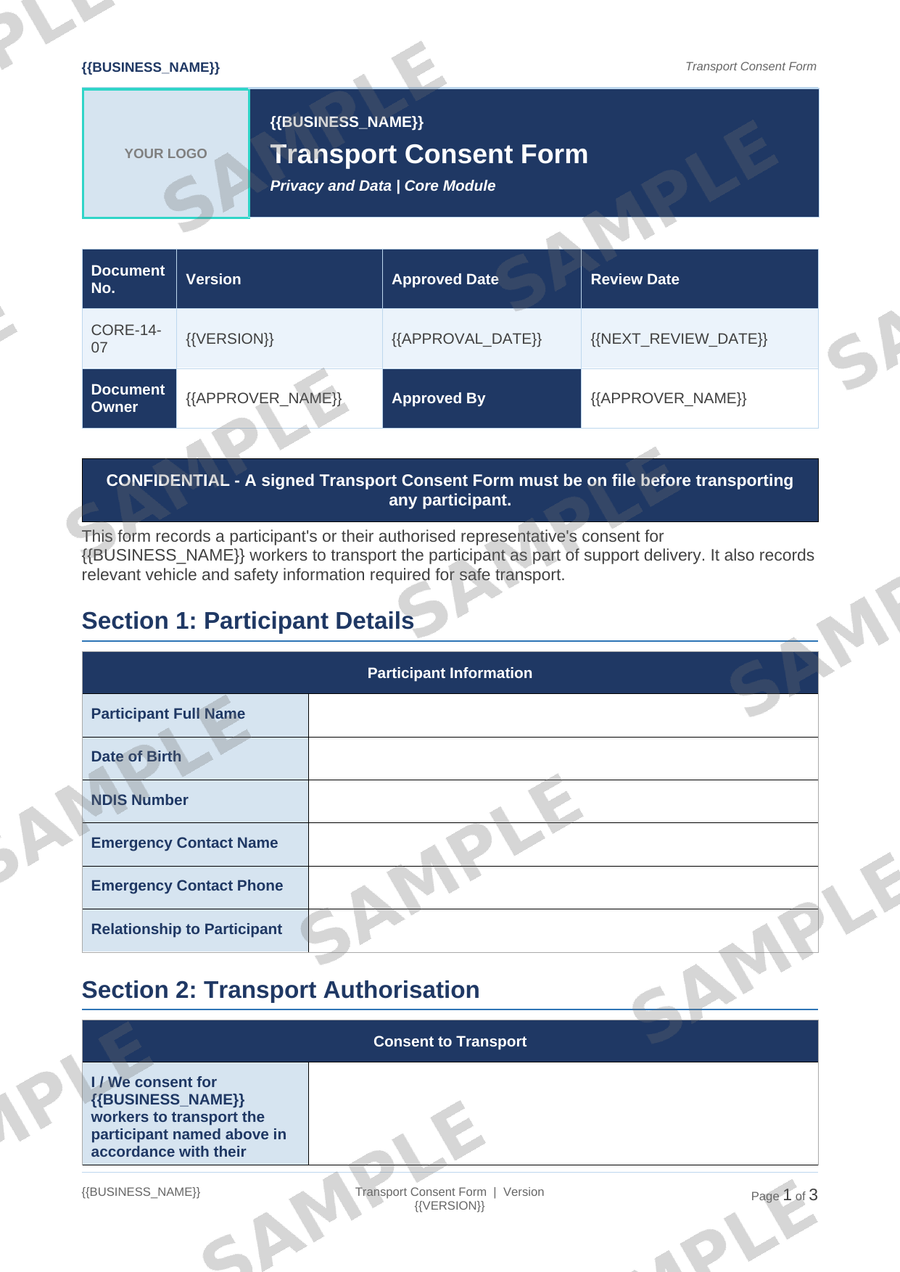 Transport Consent Form sample page preview