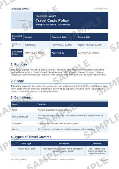 Travel Costs Policy sample page preview
