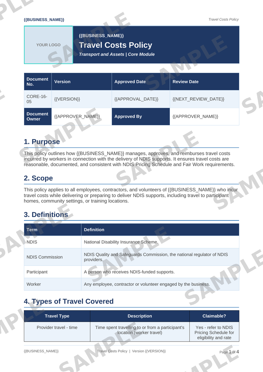 Travel Costs Policy sample page preview
