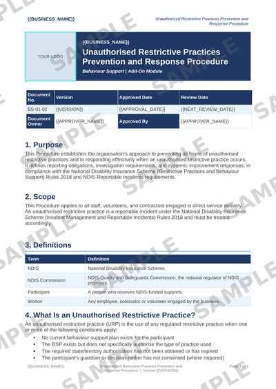 Unauthorised Restrictive Practices Prevention and Response Procedure sample page preview