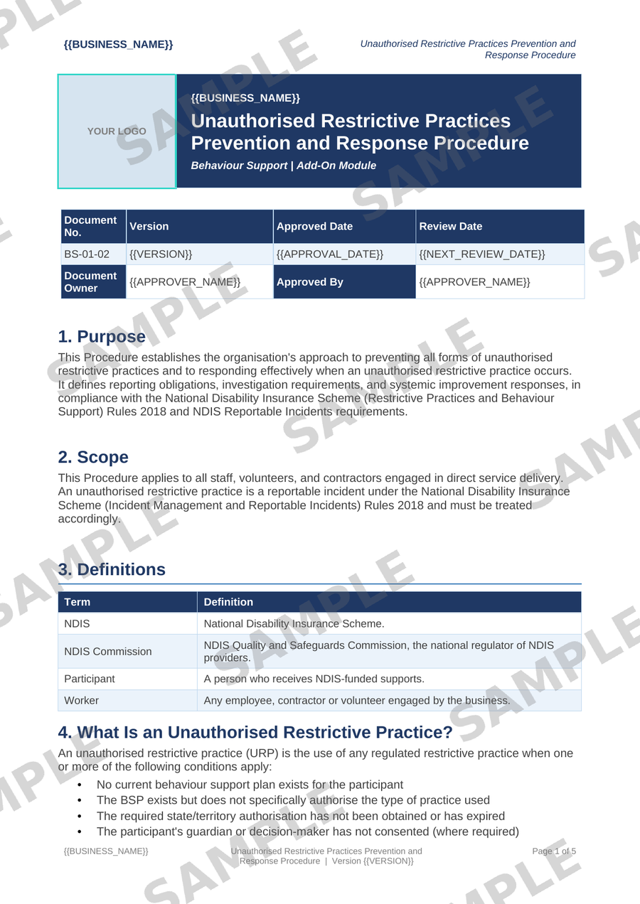 Unauthorised Restrictive Practices Prevention and Response Procedure sample page preview