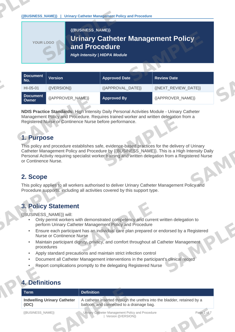 Urinary Catheter Management Policy and Procedure sample page preview