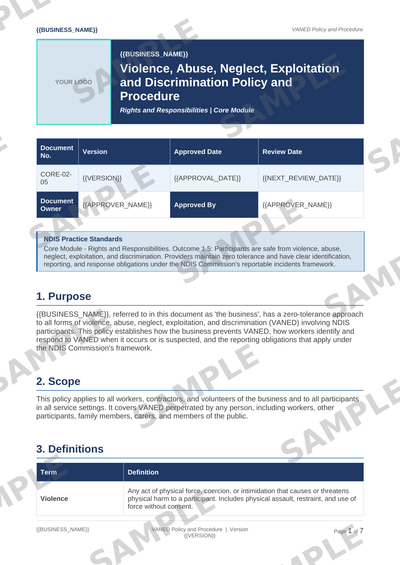 VANED Policy and Procedure sample page preview