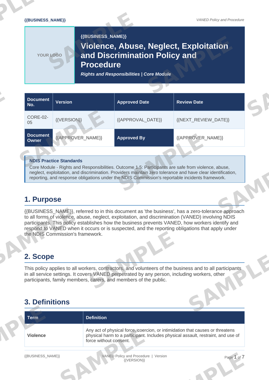 VANED Policy and Procedure sample page preview