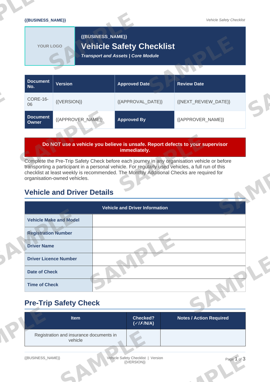 Vehicle Safety Checklist sample page preview