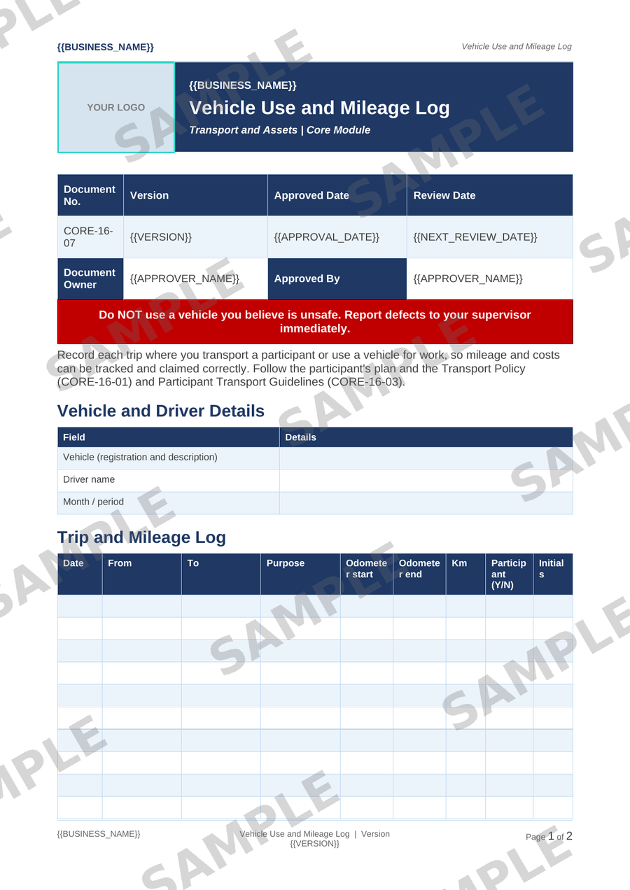 Vehicle Use and Mileage Log sample page preview