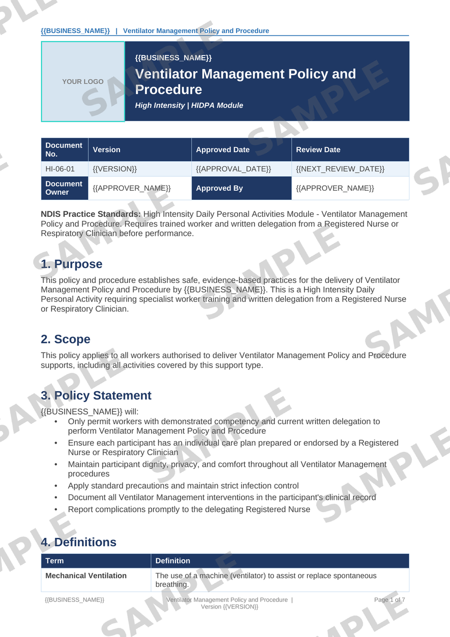 Ventilator Management Policy and Procedure sample page preview