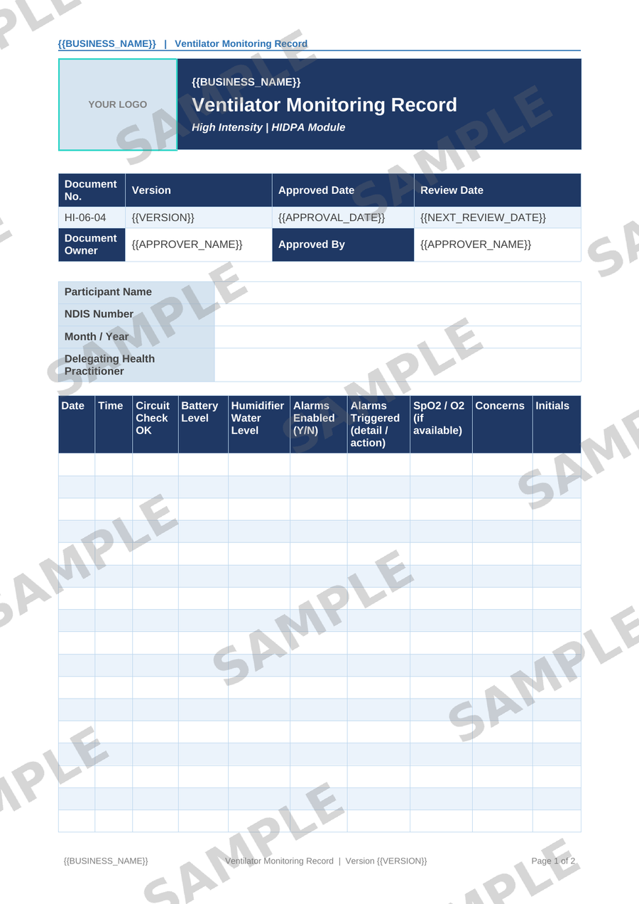 Ventilator Monitoring Record sample page preview