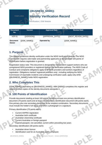 Identity Verification Record sample page preview