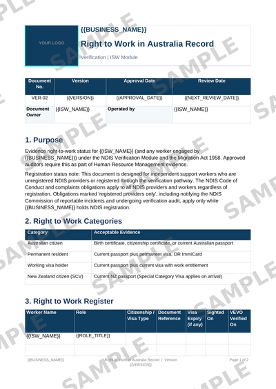 Right to Work in Australia Record sample page preview