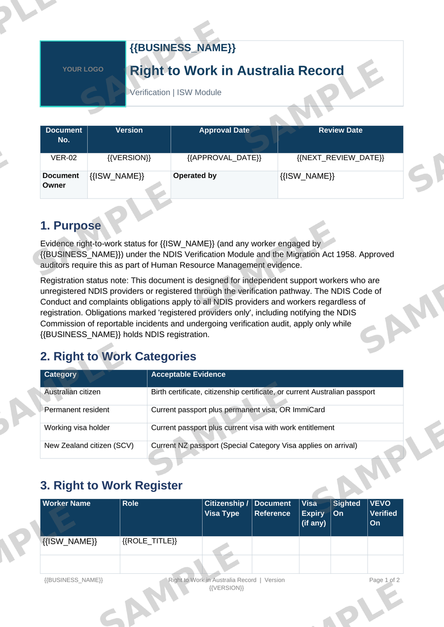 Right to Work in Australia Record sample page preview