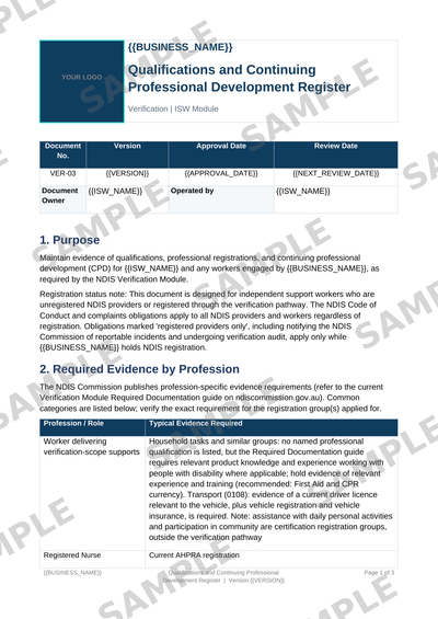 Qualifications and Continuing Professional Development Register sample page preview