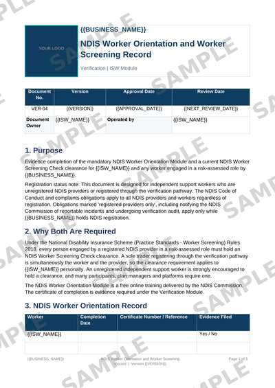 NDIS Worker Orientation and Worker Screening Record sample page preview