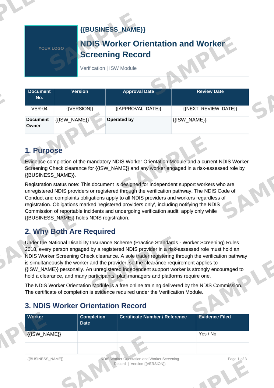 NDIS Worker Orientation and Worker Screening Record sample page preview