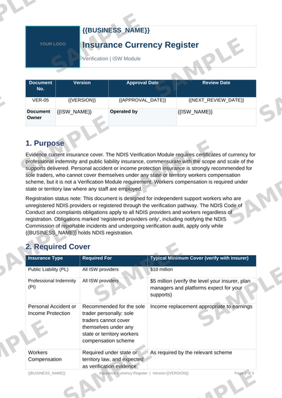 Insurance Currency Register sample page preview