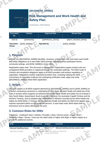 Risk Management and Work Health and Safety Plan sample page preview