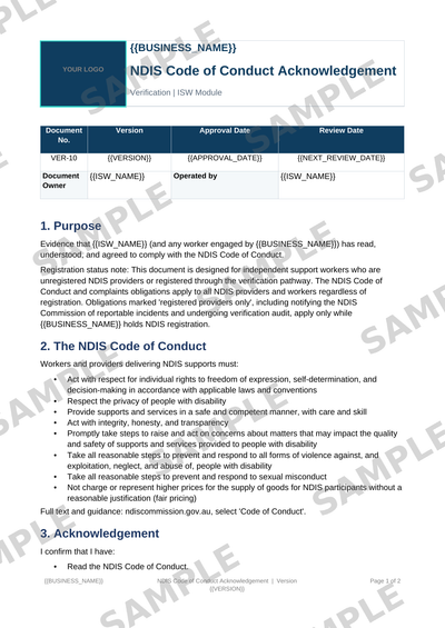 NDIS Code of Conduct Acknowledgement sample page preview
