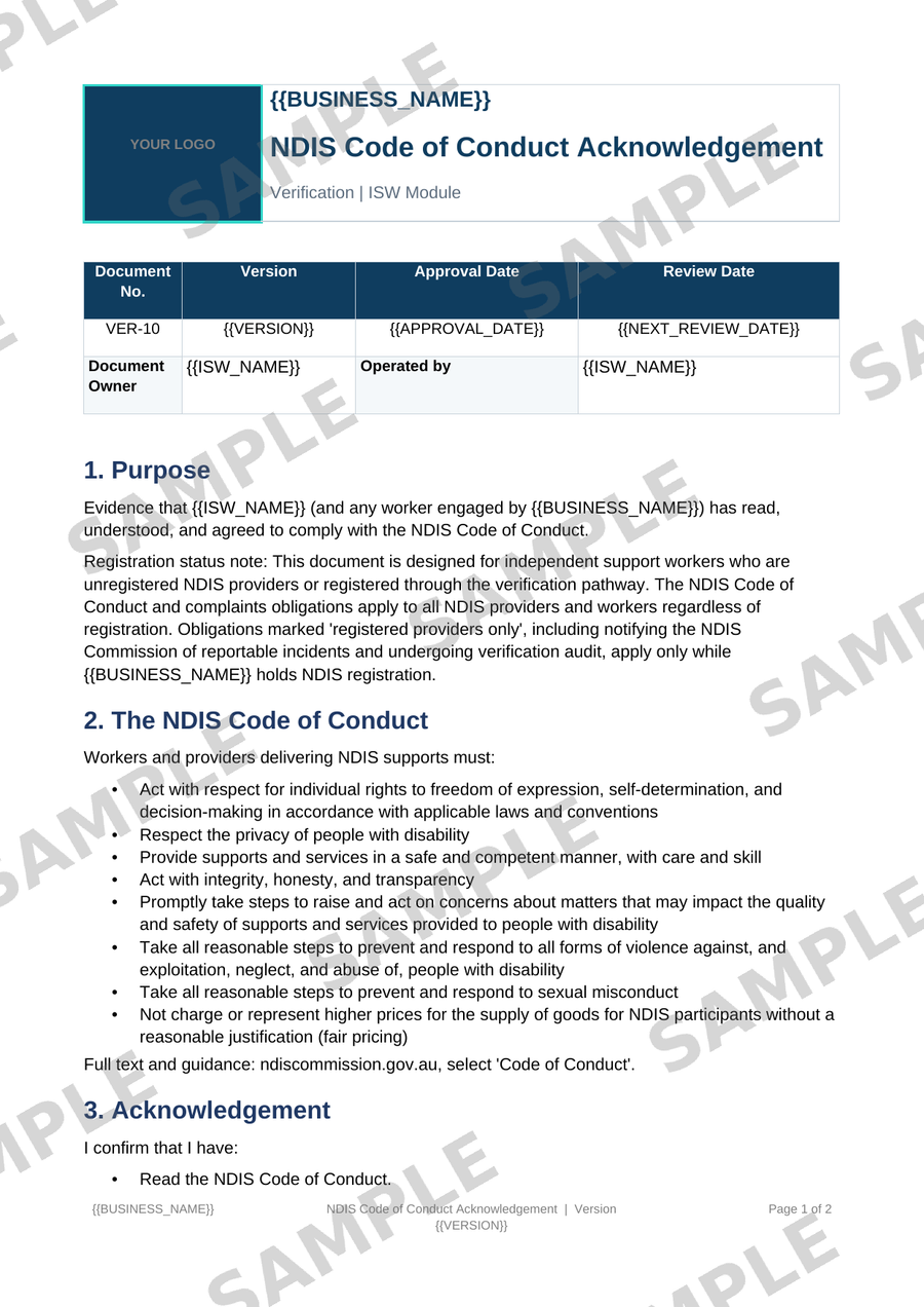 NDIS Code of Conduct Acknowledgement sample page preview