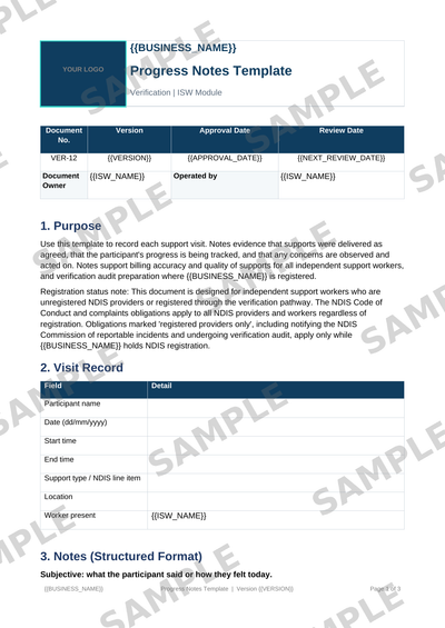 Progress Notes Template sample page preview