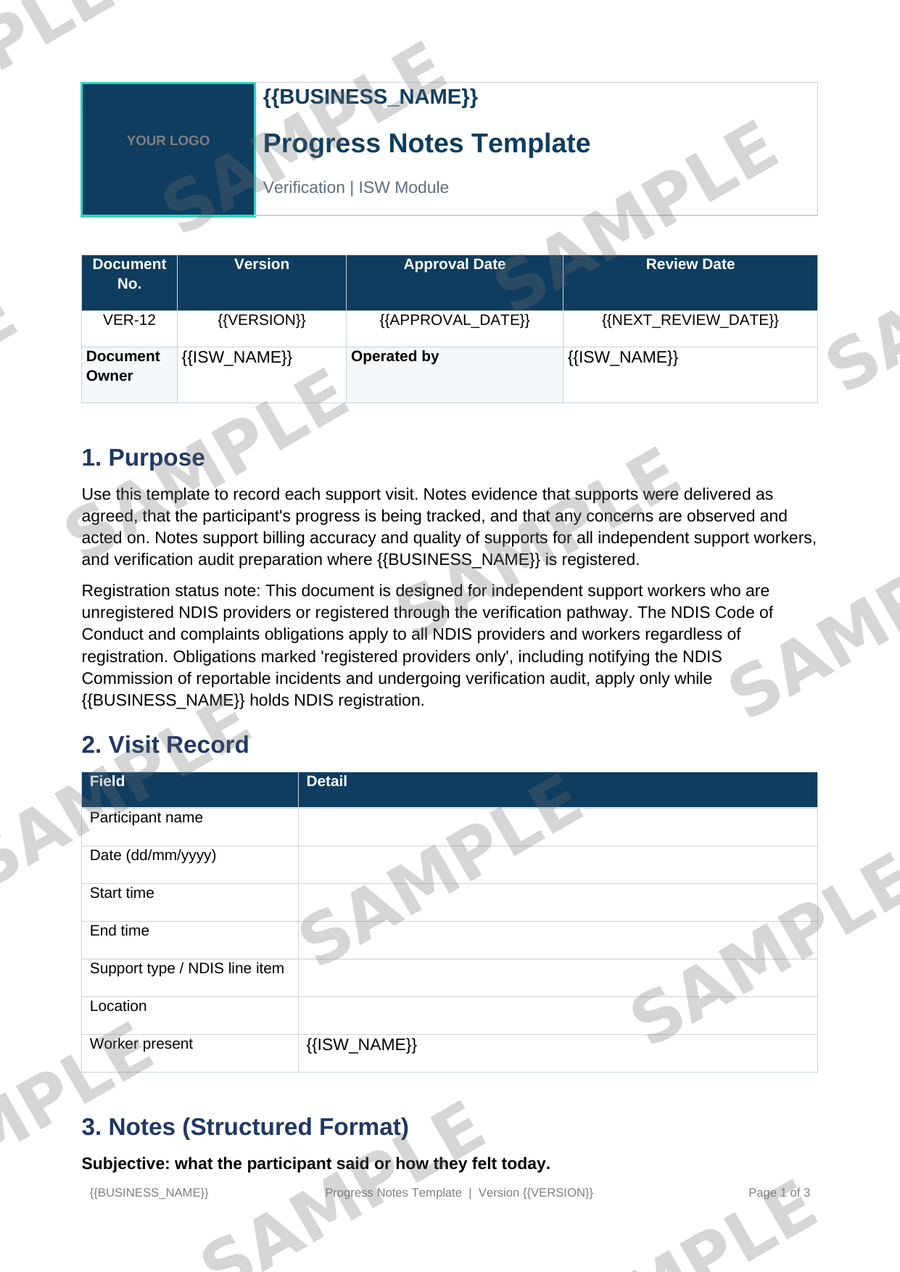Progress Notes Template sample page preview