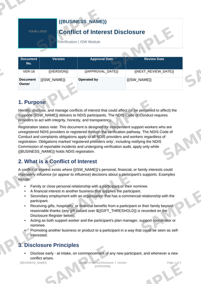 Conflict of Interest Disclosure sample page preview