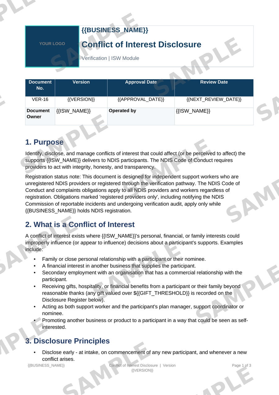 Conflict of Interest Disclosure sample page preview