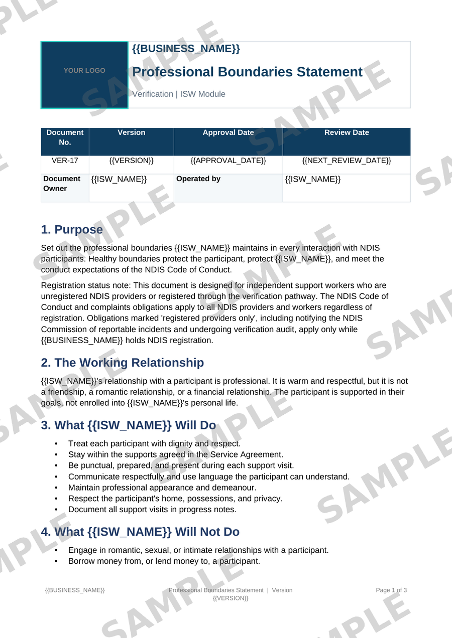 Professional Boundaries Statement sample page preview