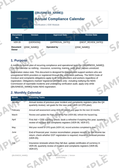 Annual Compliance Calendar sample page preview