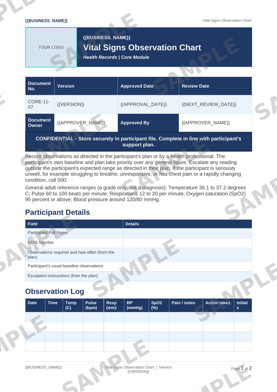 Vital Signs Observation Chart sample page preview