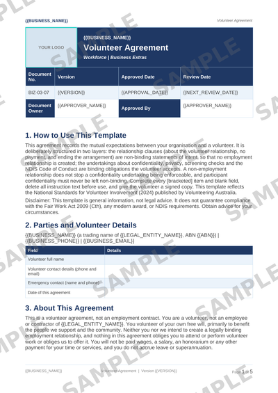 Volunteer Agreement sample page preview
