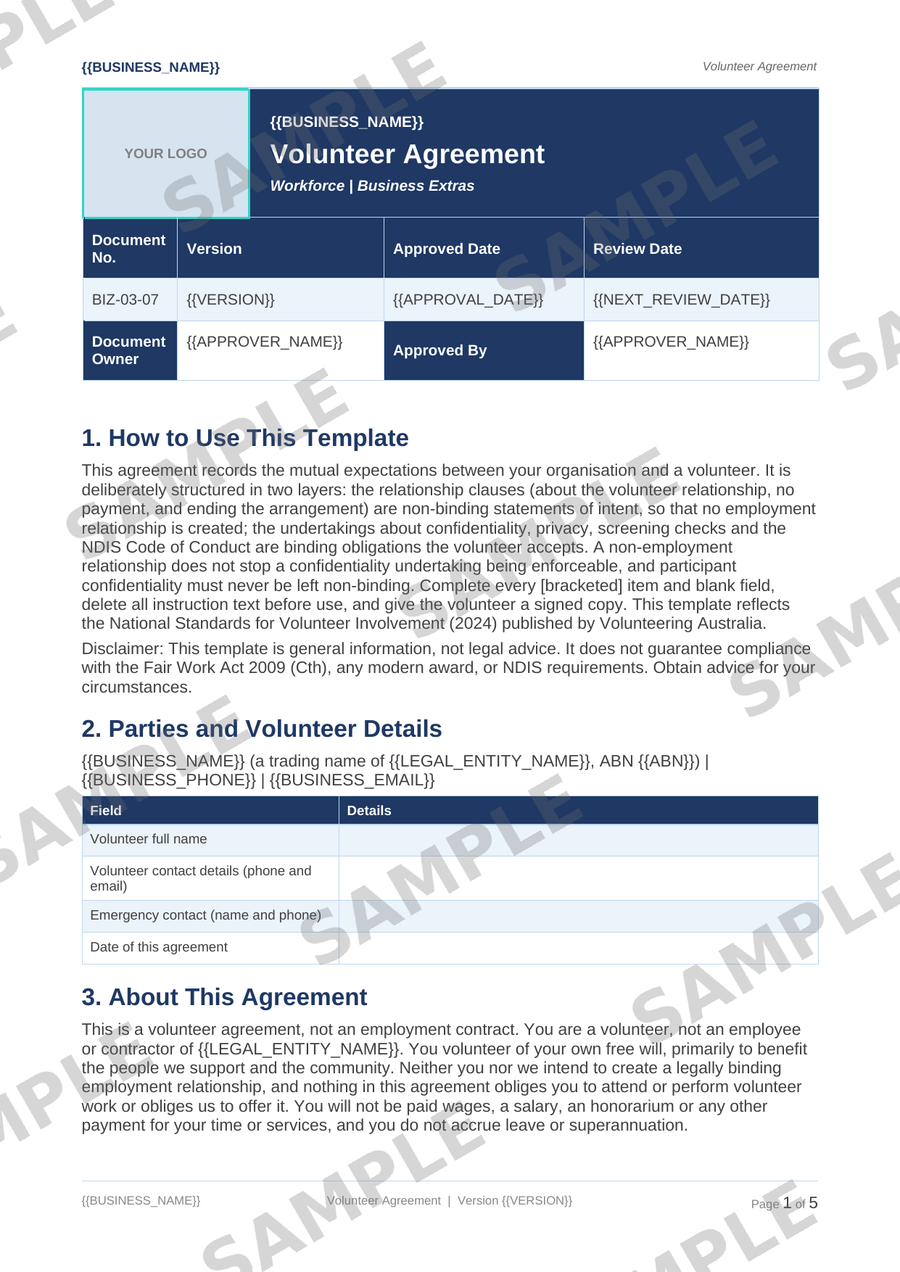 Volunteer Agreement sample page preview