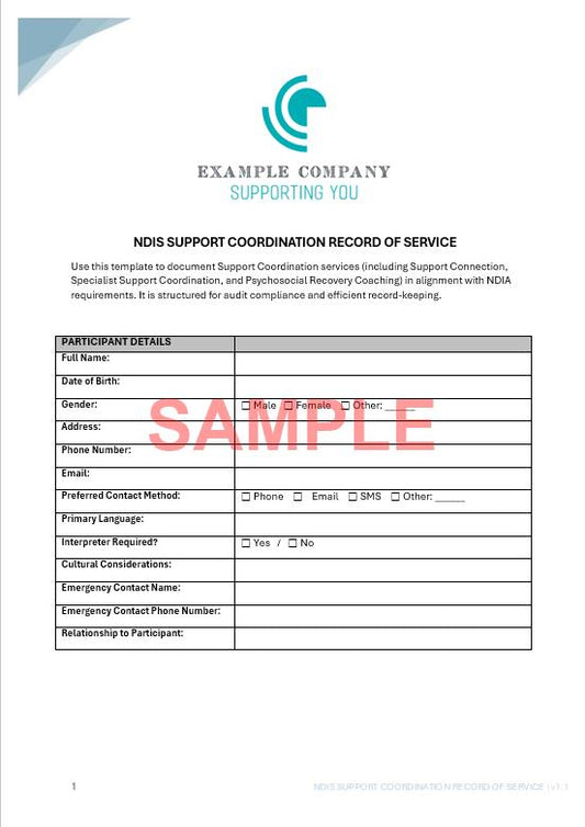 NDIS Support Coordination Record of Service