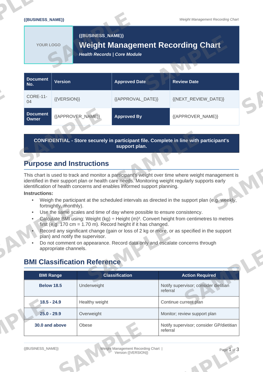 Weight Management Recording Chart sample page preview